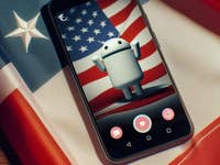 A smartphone displaying a cartoon robot on a background of American flags.