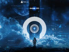 A figure standing on a cloud-covered surface, gazing at a futuristic structure and the text 'BABEL - OS'.