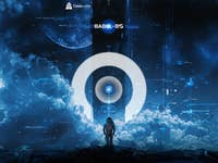 A figure standing on a cloud-covered surface, gazing at a futuristic structure and the text 'BABEL - OS'.