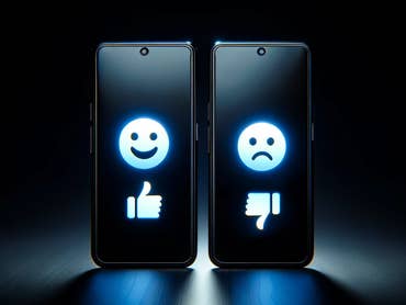 Two smartphones displaying a smiley face with thumbs up and a sad face with thumbs down, symbolizing tops and flops.
