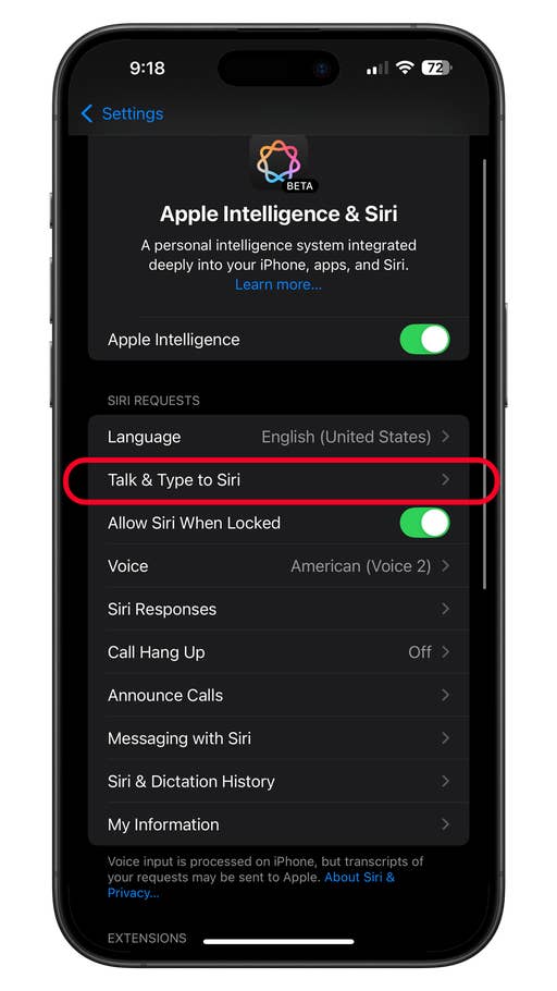 iPhone settings screen showing options for Apple Intelligence u0026 Siri, including u0027Talk u0026 Type to Siriu0027.
