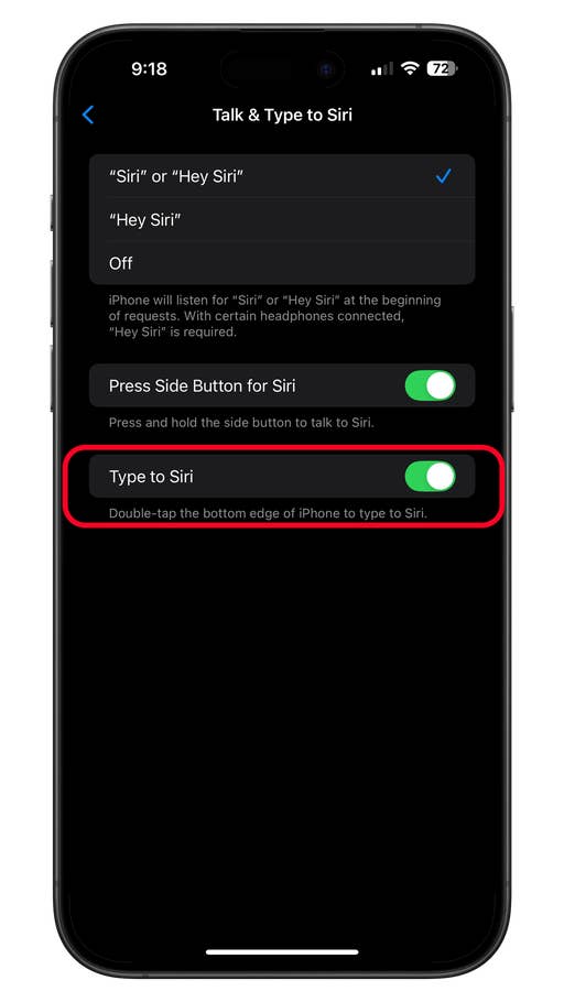 Settings screen for Siri options on an iPhone, showing u0027Type to Siriu0027 toggle enabled.