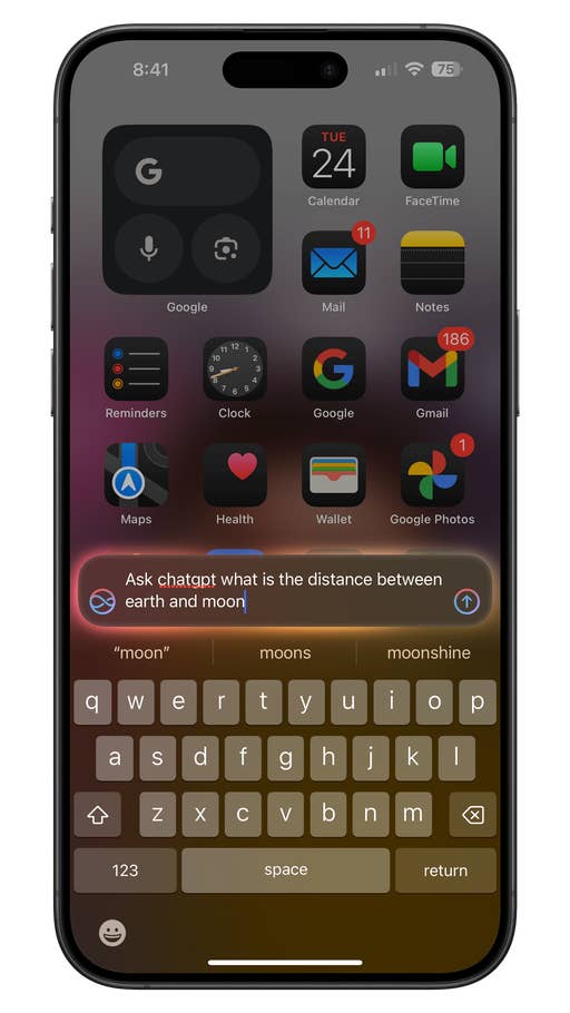 iPhone screen displaying a search prompt for ChatGPT with the question about the distance between Earth and the moon.