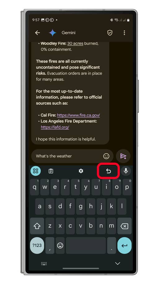 Google messaging interface displaying Woodley Fire update and evacuation information.