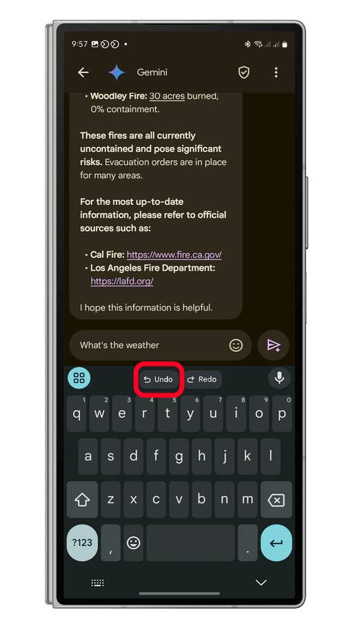 Screenshot of a mobile device displaying information about the Woodley Fire and a weather query.