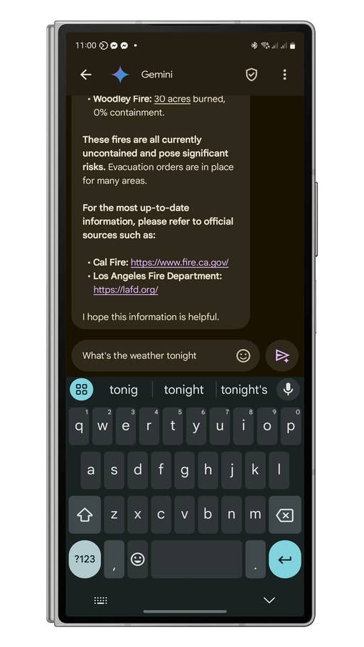 Screenshot of a Google Gemini interface displaying Woodley Fire update and evacuation information.