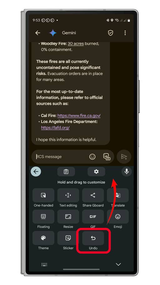 A smartphone displaying information about the Woodley Fire, with an u0027Undou0027 button highlighted.