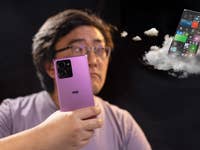 Handheld HMD Skyline next to the same phone displaying the Windows Mobile home screen... HMD Skyline image for nextpit's review