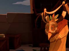 A colorful owl-like character stands in a detailed environment filled with crates and bookshelves.