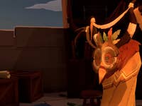 A colorful owl-like character stands in a detailed environment filled with crates and bookshelves.