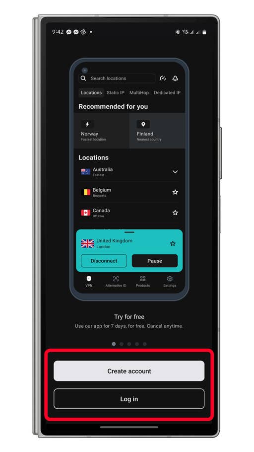 Mobile screen displaying VPN app with location options and account creation buttons.
