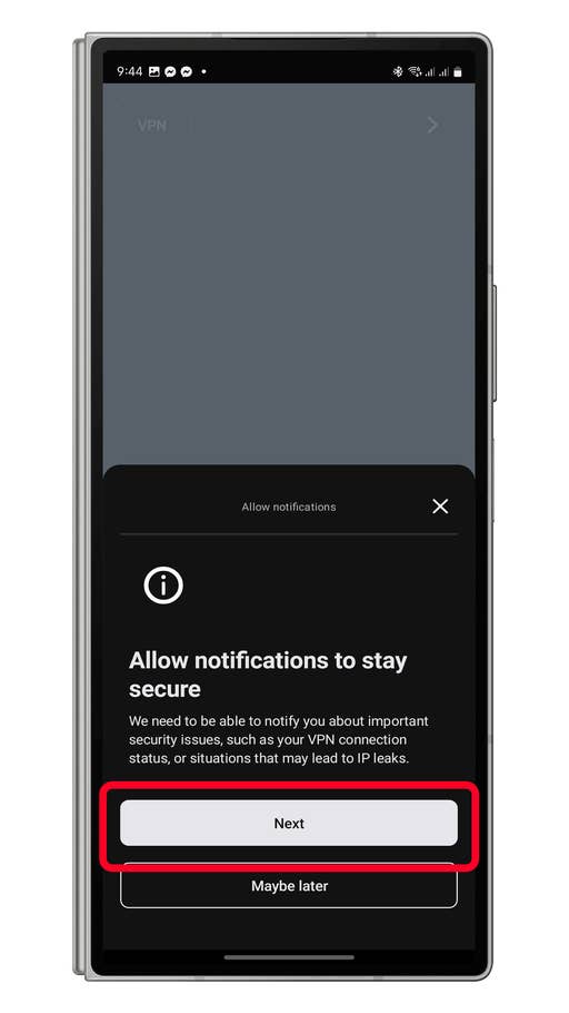 VPN app prompt to allow notifications for security updates, with u0027Nextu0027 and u0027Maybe lateru0027 buttons.