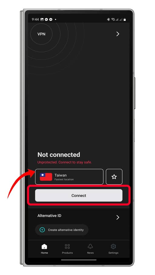 VPN app screen showing u0027Not connectedu0027, Taiwan as fastest location, and u0027Connectu0027 button.