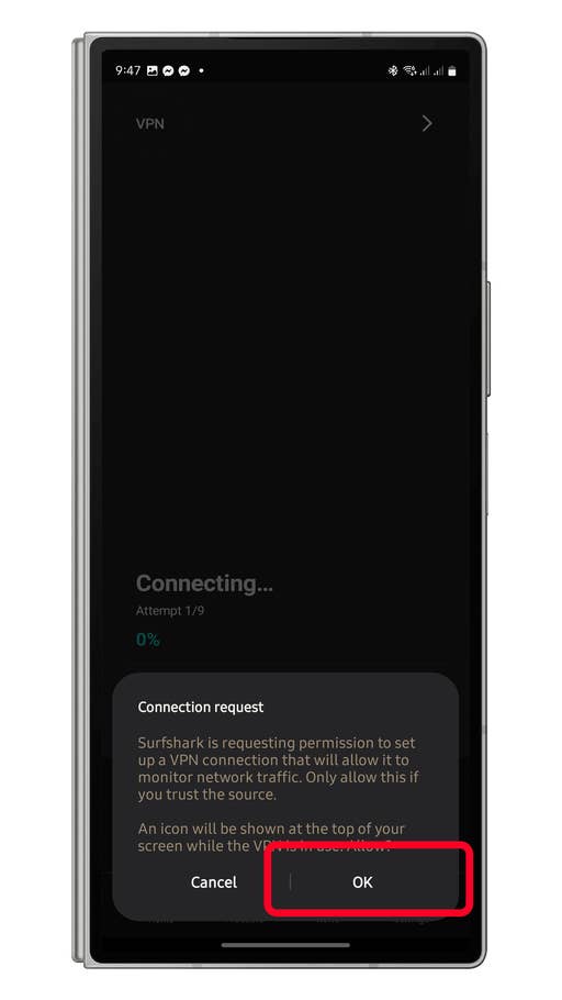 Mobile screen showing a VPN connection request from Surfshark with u0027OKu0027 and u0027Cancelu0027 options.