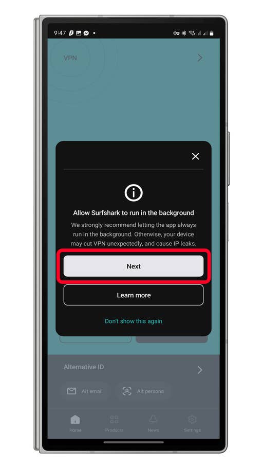 Surfshark app prompt to allow background operation with u0027Nextu0027 and u0027Learn moreu0027 buttons.