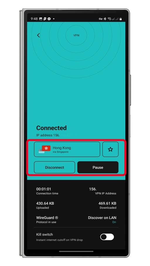 VPN connection interface showing Hong Kong, IP address, and data usage statistics.