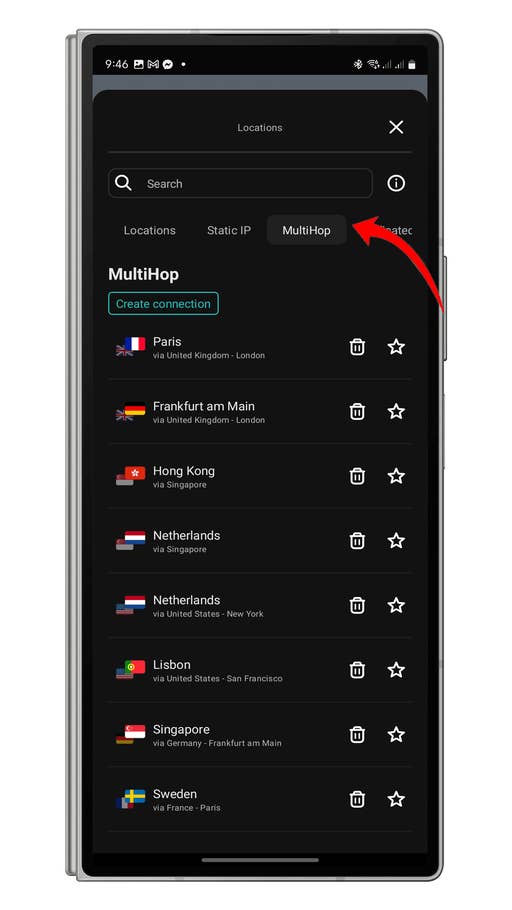 MultiHop connection options displayed on a mobile device, featuring various global locations.