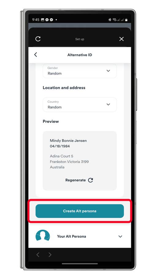 A mobile screen showing u0027Create Alt personau0027 button in an app setup for an alternative ID.