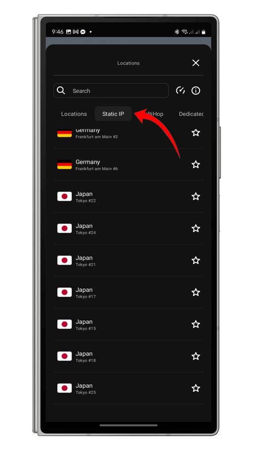 A smartphone screen displaying a VPN locations menu with u0027Static IPu0027 highlighted.