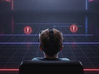 A person wearing a VR headset sits in a chair facing a virtual environment with alert icons.