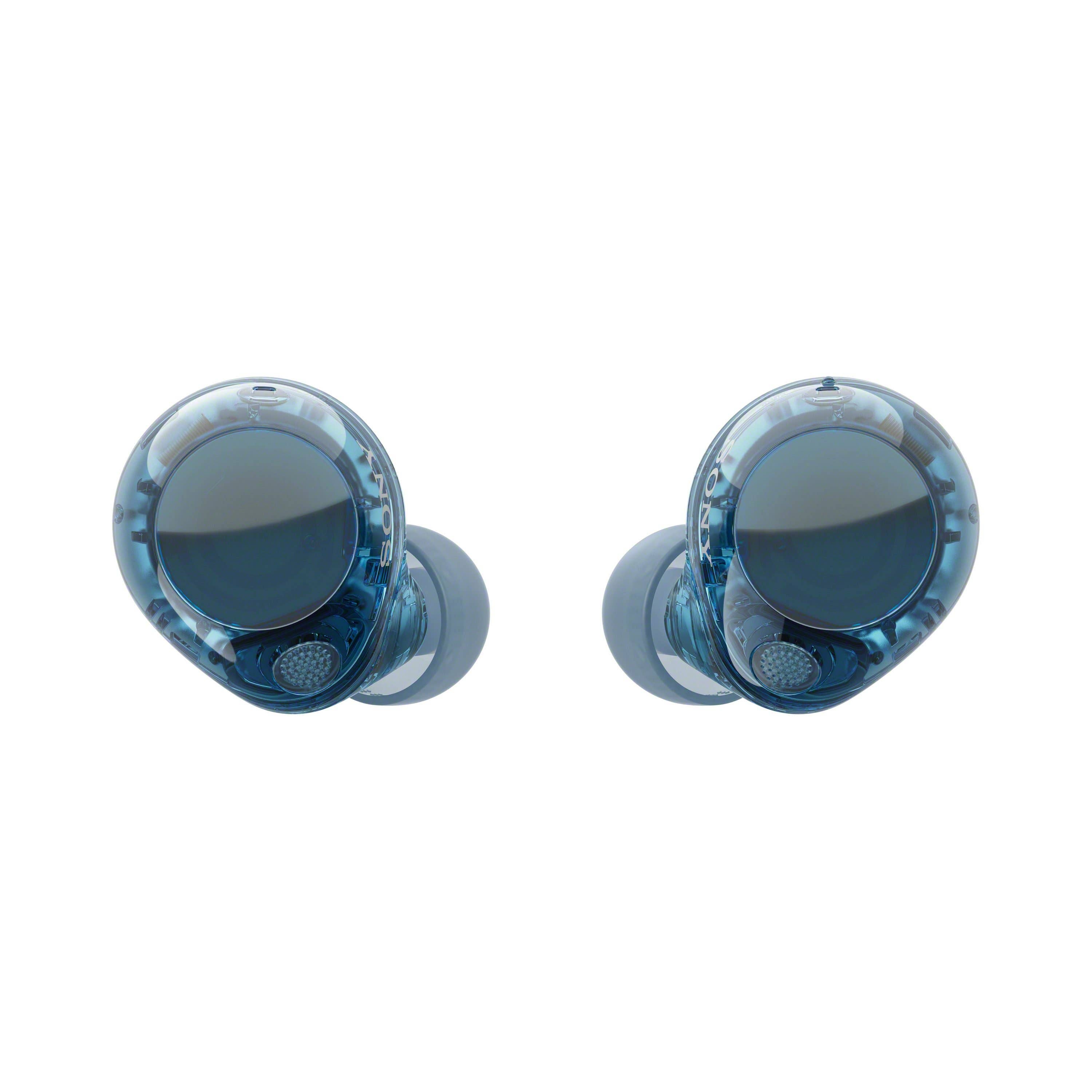 A pair of Sony wireless earbuds in a transparent blue design.