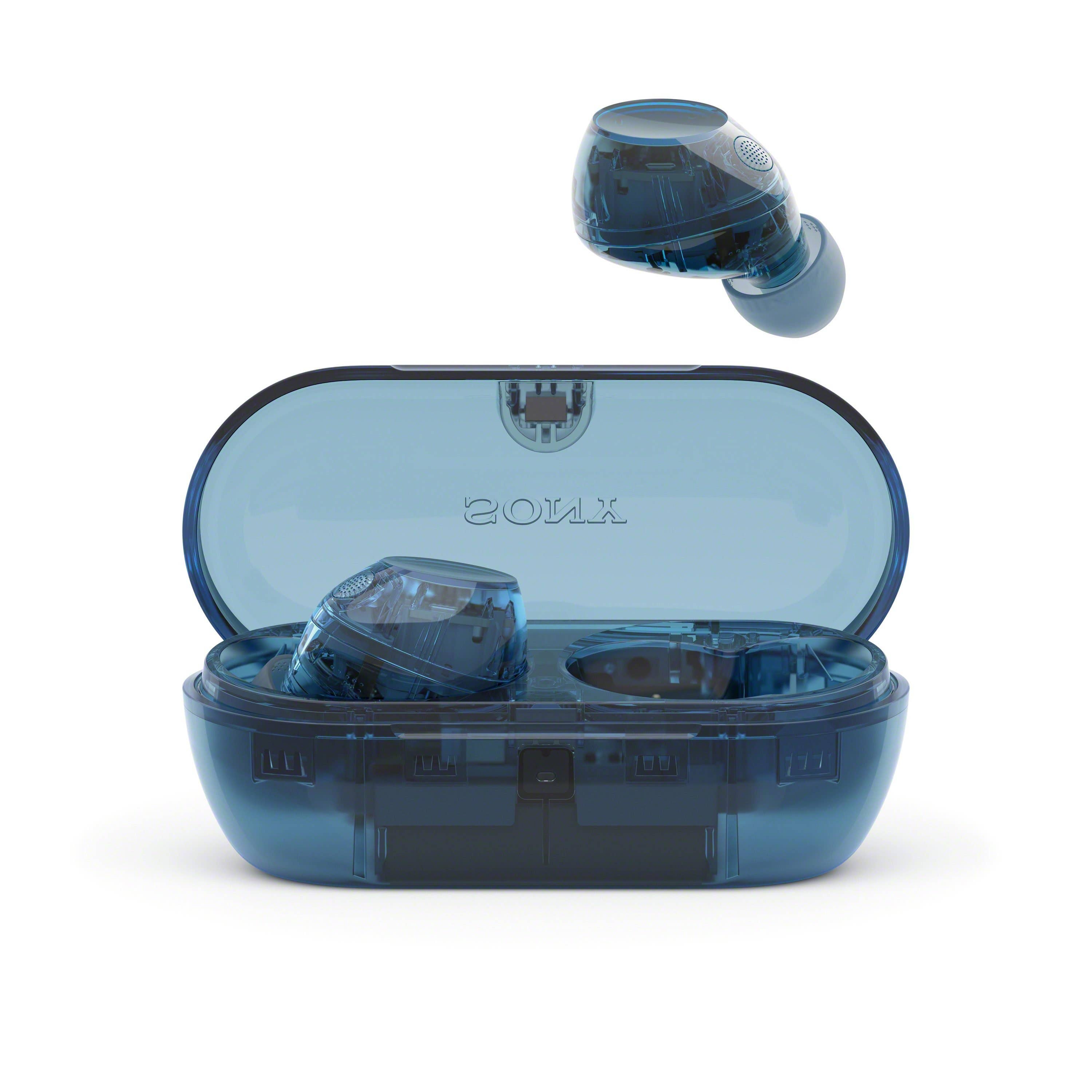 Wireless earbuds in a blue charging case, one earbud floating above the case.