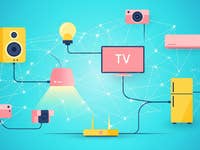 A network of smart devices including a TV, speakers, camera, and a refrigerator on a blue background.