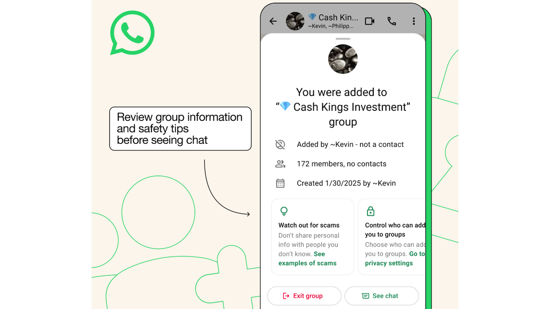 WhatsApp group notification showing addition to 'Cash Kings Investment' group with safety tips.