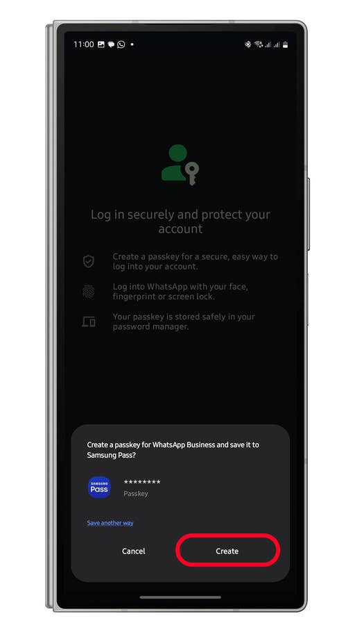 Login screen for WhatsApp Business, prompting to create a passkey with options to save to Samsung Pass.