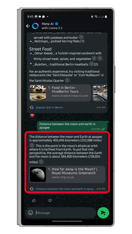WhatsApp conversation showing distance between the moon and Earth, with a focus on apogee distance.