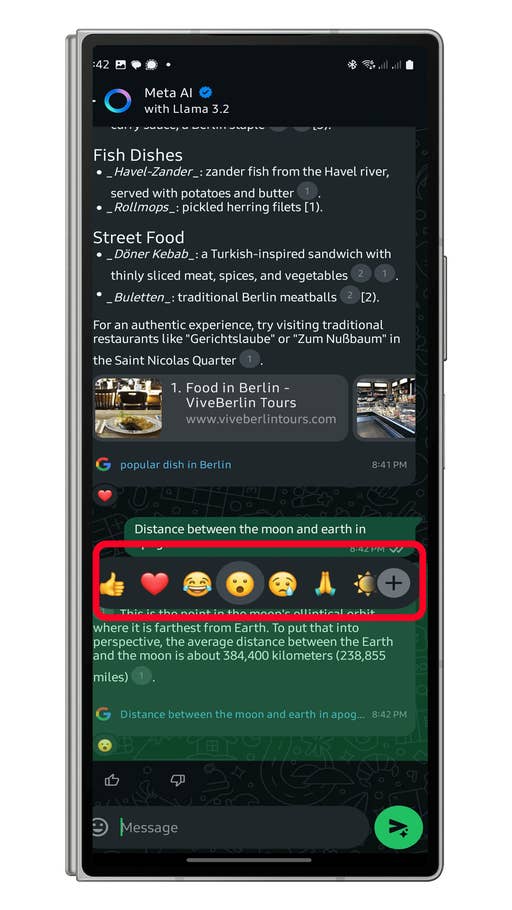 WhatsApp chat showing food recommendations and distance between the moon and Earth with emojis.
