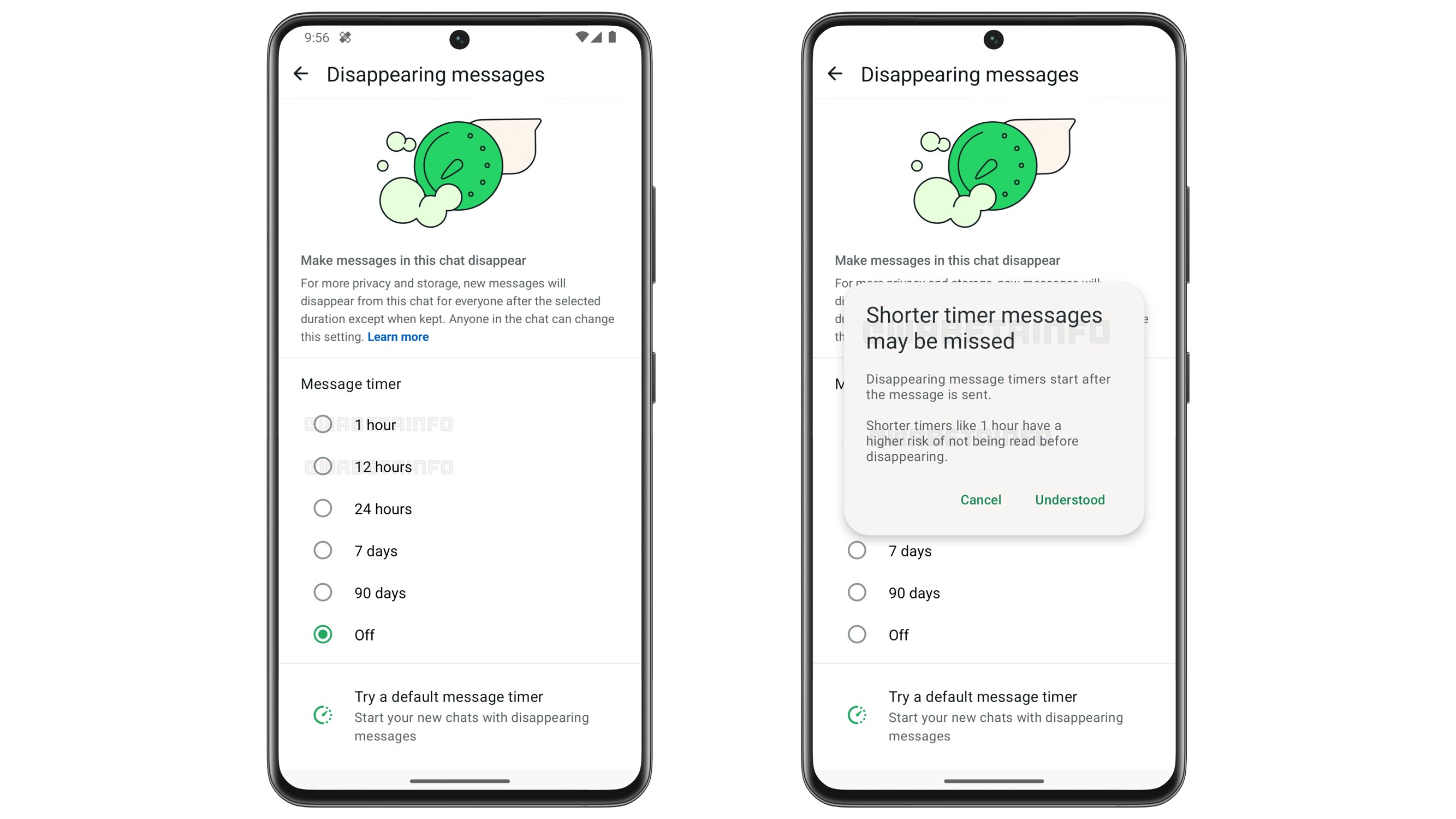 WhatsApp settings for disappearing messages with options for message timers.