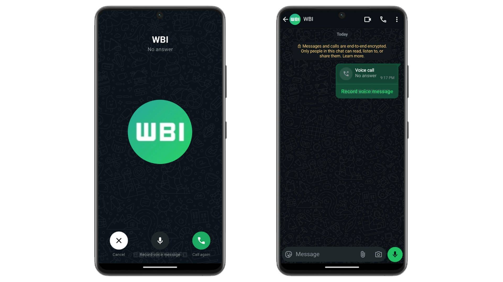 Two smartphone screens showing a WhatsApp call interface with 'WBI' and 'No answer' messages.