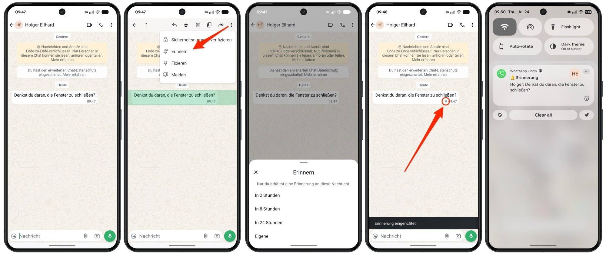 WhatsApp chat interface showing message reminders and notification settings.