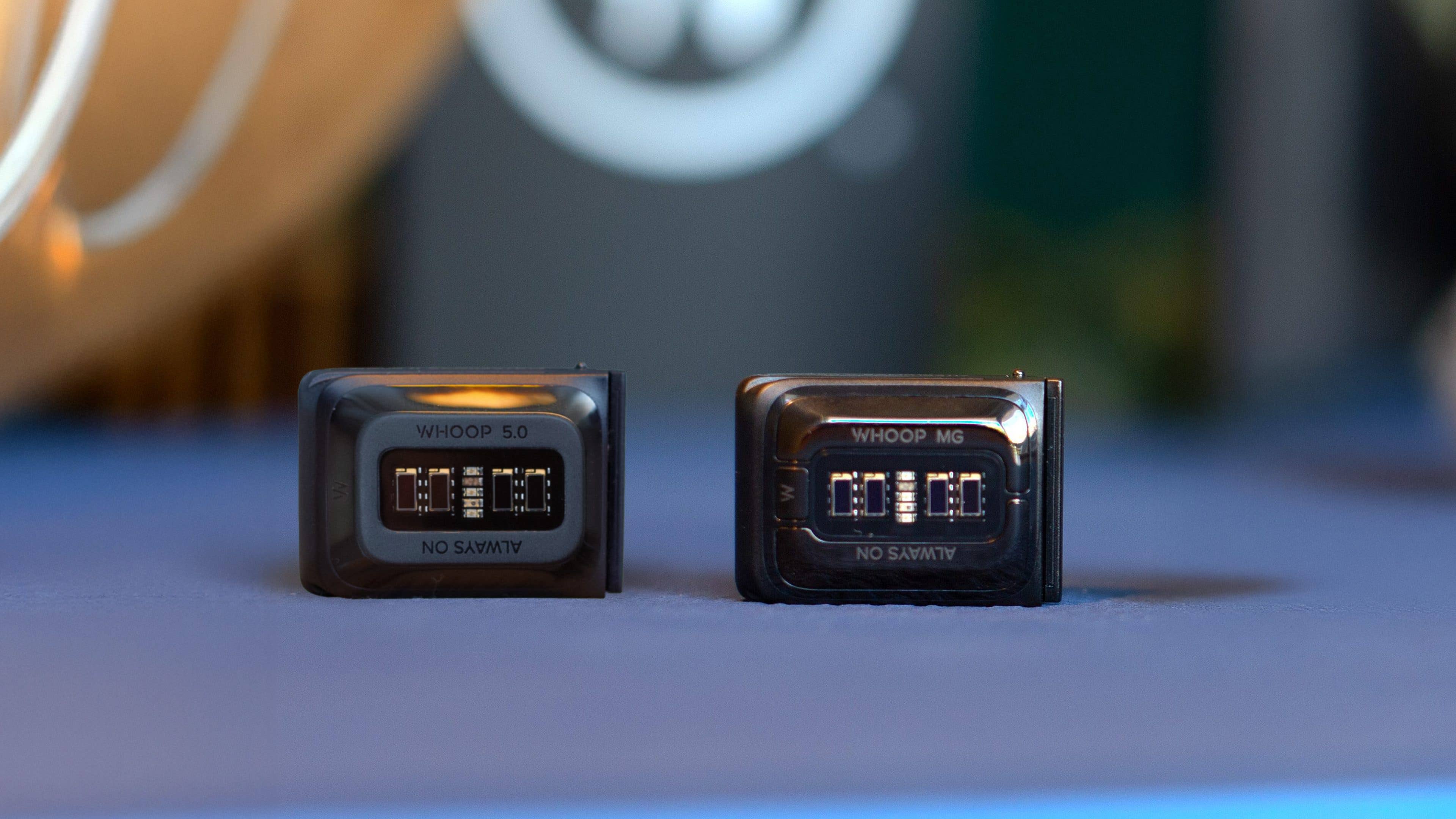Two WHOOP devices on a table: one labeled 'WHOOP 5.0' and the other 'WHOOP MG'.