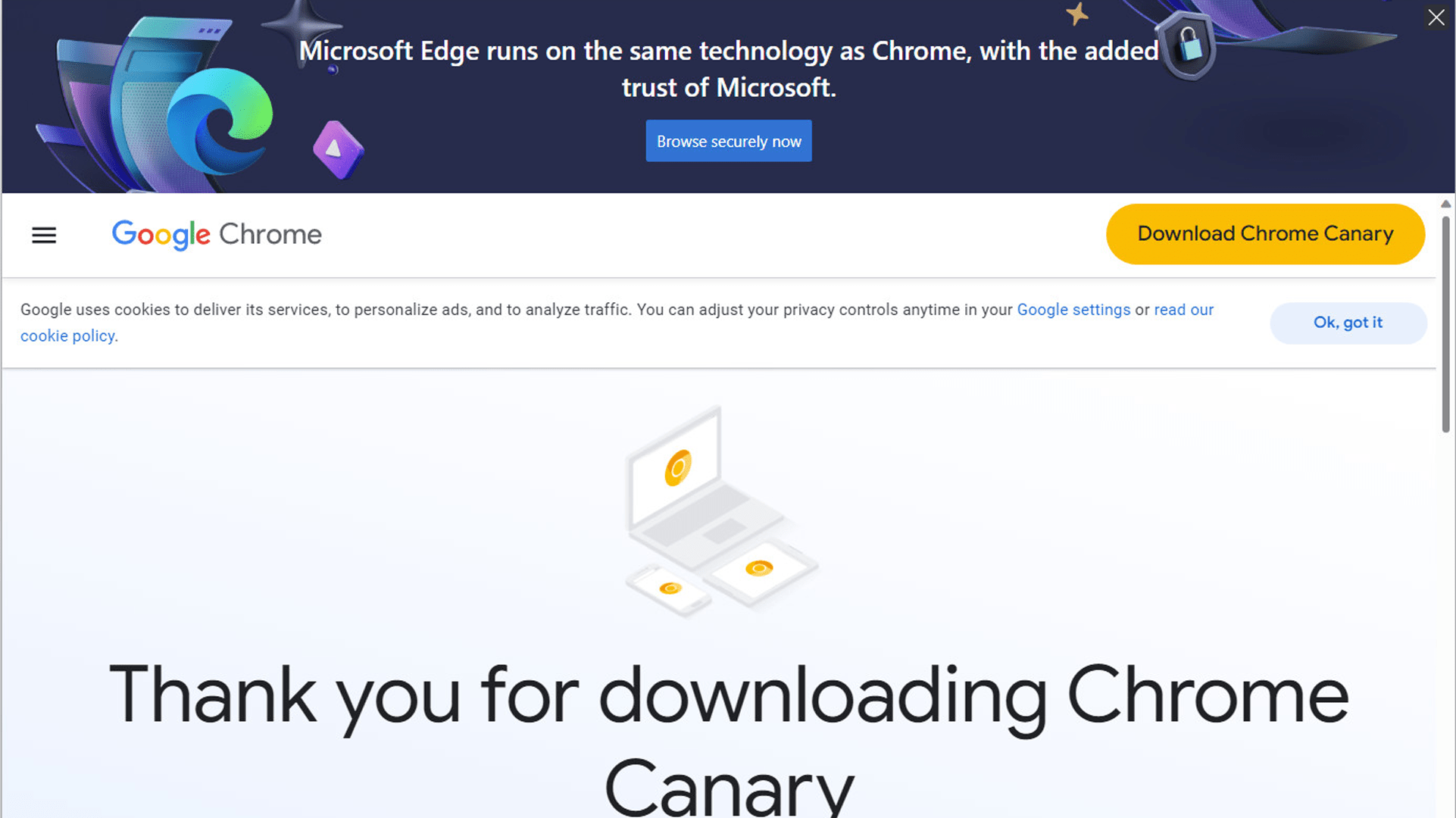Microsoft Edge promotion banner above the Google Chrome download page.