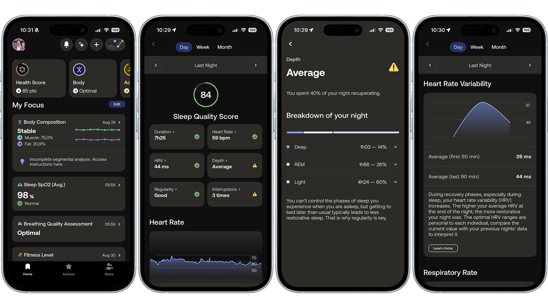 Withings app interface showing health metrics including body composition, sleep quality score, sleep phase breakdown, and heart rate variability.