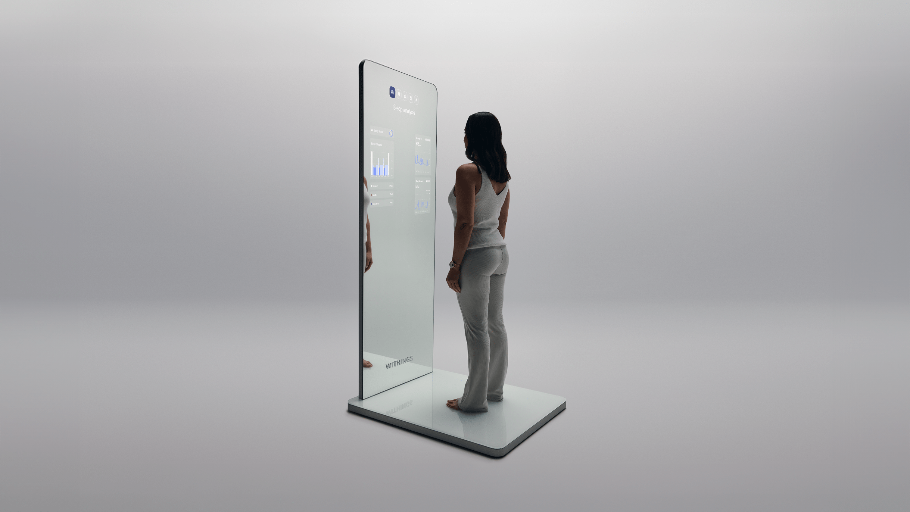 A person stands in front of a smart mirror displaying health data. A person stands in front of a smart mirror displaying health data.