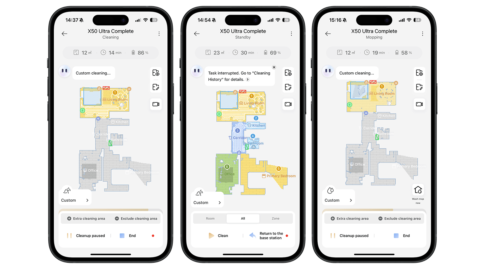 Three smartphone screens displaying the Dreame X50 Ultra cleaning app with maps and status details.
