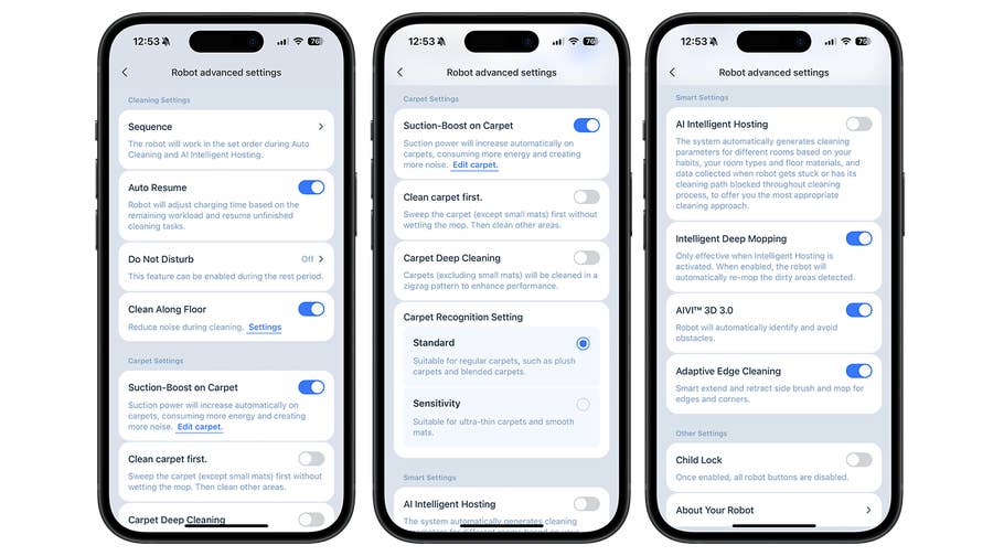 Mobile app interface that displays advanced settings for the Ecovacs Deebot X8 Pro Omni robot vacuum