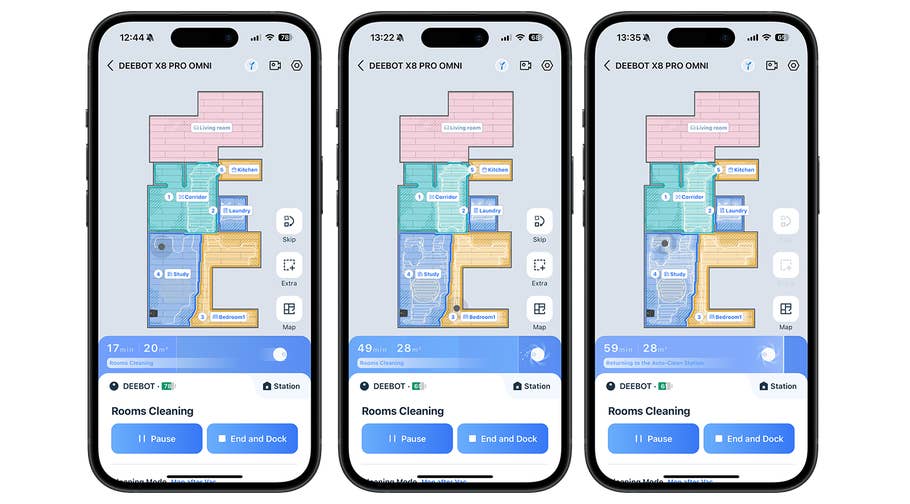 Three smartphones displaying the cleaning surface of the Ecovacs Deebot X8 Pro Omni with room maps.