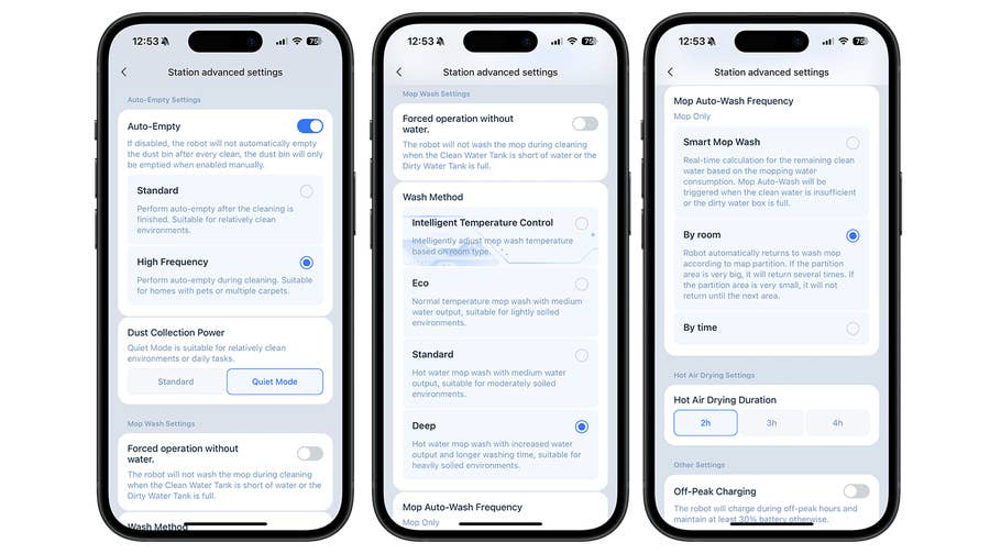 Three smartphones show the Ecovacs Deebot X8 Pro Omniu0027s advanced settings for auto-emptying and wash