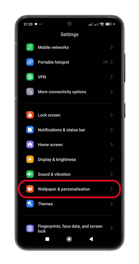 Xiaomi settings menu with u0027Wallpaper u0026 personalisationu0027 option highlighted.