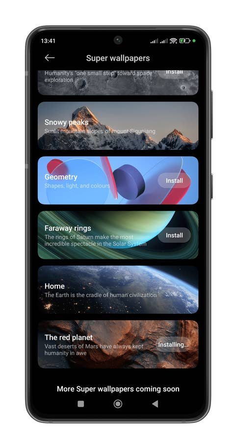 Xiaomi super wallpapers interface showing various themes like u0027Snowy peaksu0027 and u0027Faraway ringsu0027.