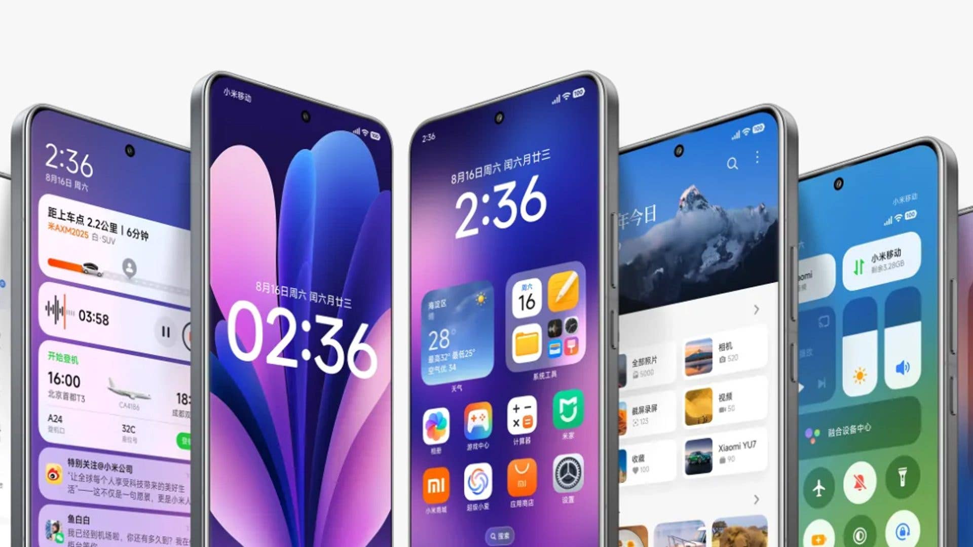 Plusieurs smartphones Xiaomi affichant diverses interfaces d'application et l'heure 02:36.
