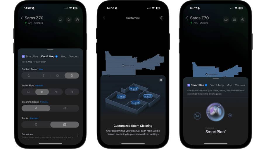 Roborock Saros Z70 app interface with charge level and cleaning settings.