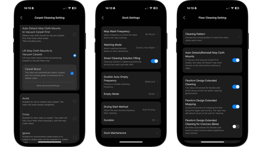 Three smartphone screens displaying settings for the Roborock Saros Z70.