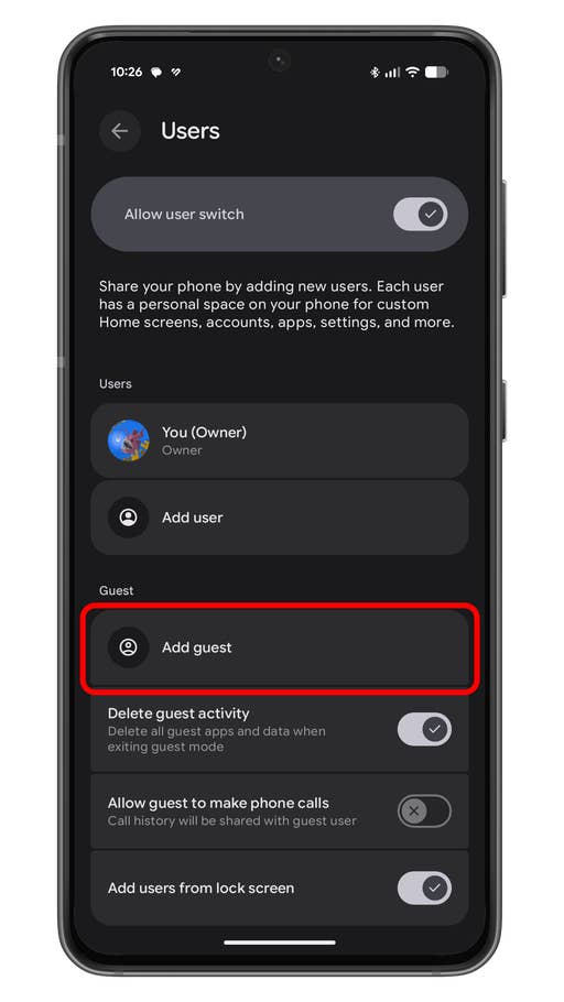 Settings menu on an Android device showing user options including u0027Add guestu0027.