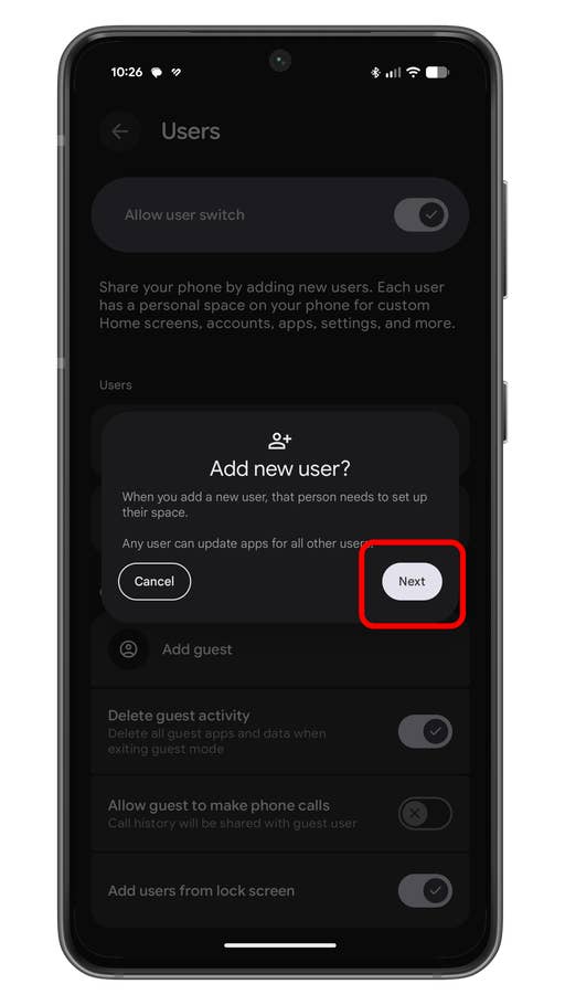 Android settings screen showing user management options with an u0027Add new useru0027 prompt.