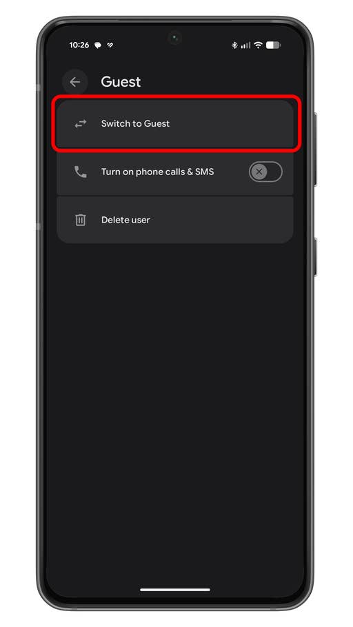Menu screen on an Android device showing user options: Switch to Guest, Turn on phone calls u0026 SMS, Delete user.